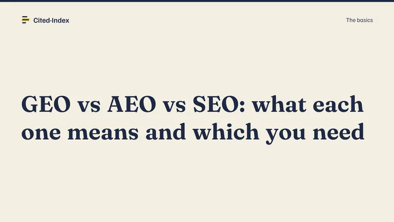 Cited·Index card: GEO vs AEO vs SEO: what each one means and which you need. The basics.
