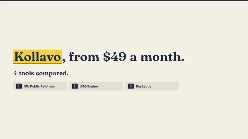 Kollavo, from $49 a month. 4 tools compared: 5W Public Relations, AEO Engine, Big Leads.